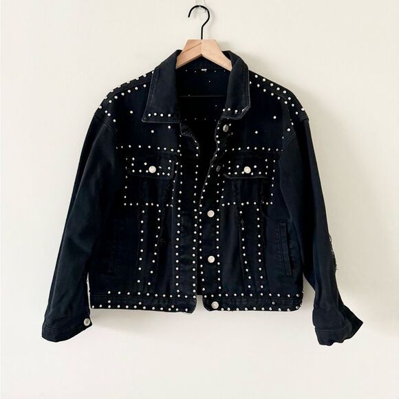 Boutique Jackets & Blazers - No Brand Boutique Studded Cotton Denim Jacket in Black and Silver - Size S